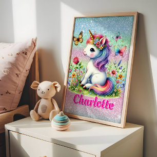 Poster Prairie de licorne scintillante de fleurs sauvages