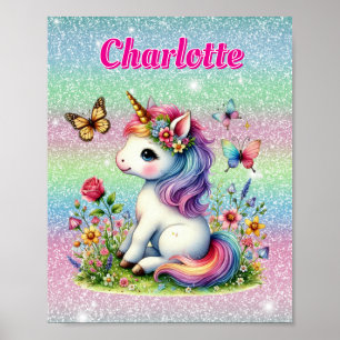 Poster Prairie de licorne scintillante de fleurs sauvages