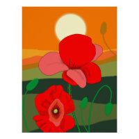 Pré de coquelicot à l'affiche du coucher du soleil