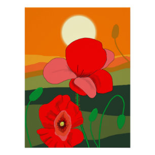 Poster Pré de coquelicot à l'affiche du coucher du soleil