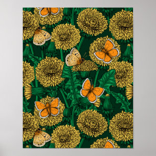 Poster Pré de Dandelion sur vert foncé