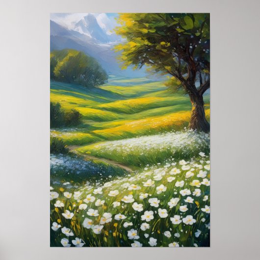 Poster Pré vert et Fleurs blanches (Devant)