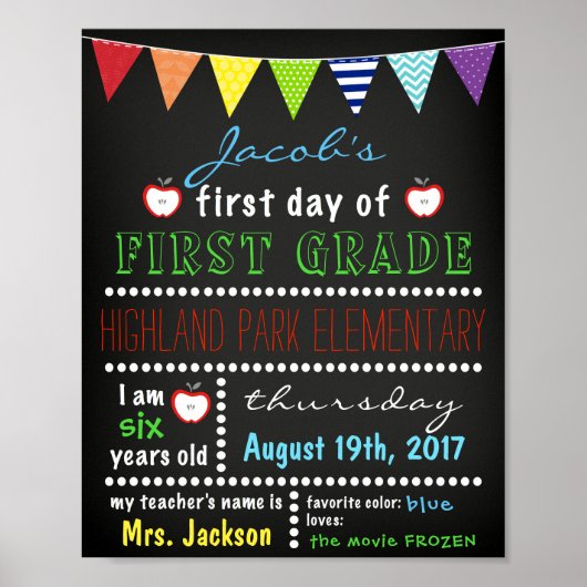 Poster Premier jour de l'école Garçons Chalkboard Retour  (Devant)