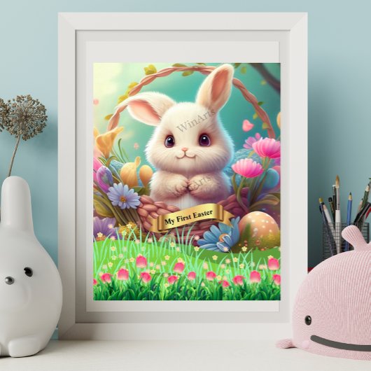 Poster Premier lapin mignon de Pâques dans un panier Pers