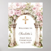 Poster Première communion Arches croix florale rose Bienv (Devant)
