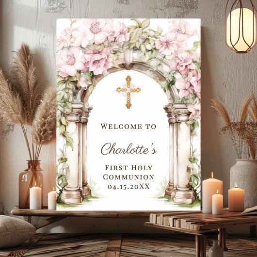 Poster Première communion Arches croix florale rose Bienv