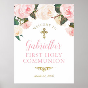 Poster Première communion & baptême, floral rose or