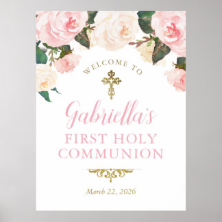 Poster Première communion & baptême, floral rose or