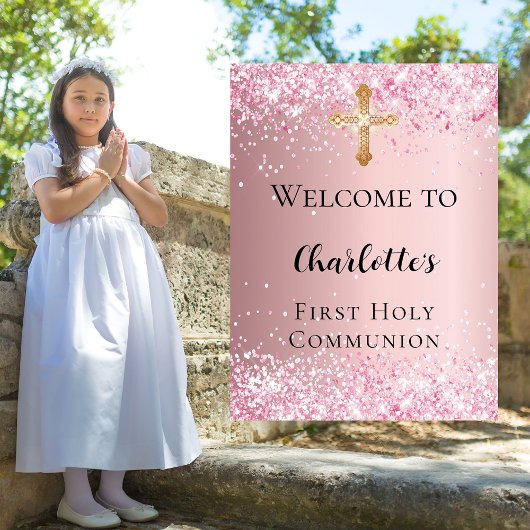 Poster Première communion confetti rose bienvenue