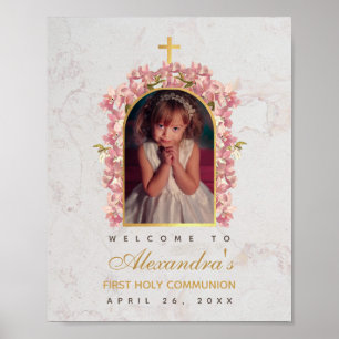 Poster Première Communion Photo Pink Orchids Arch Bienven