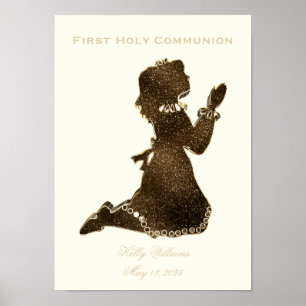 Poster Première Sainte Communion priant fille or Élégant