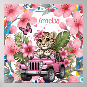 Poster Prénom de l'enfant & Animaux de la Jungle Florale