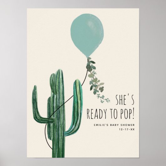 Poster Prêt À Pop Blue Balloon Cactus Baby shower Garçon (Devant)