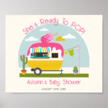 Poster Prêt À Pop Ice Pop Truck Girl Baby shower<br><div class="desc">Baby shower de fille sur le thème de la glace avec illustration de camper avec de la glace rose pop sur le dessus,  cactus à côté du camping-car,  et vêtements bébé accrochés à la ligne de vêtements.</div>