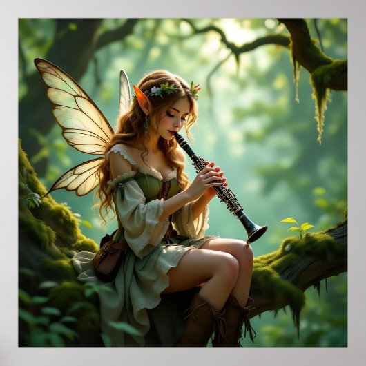 Poster Pretty Elven Fairy Playing Clarinet (Devant)