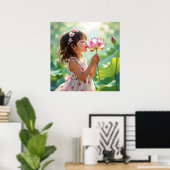 Poster Pretty Little Girl Smelling a Pink Rose (Bureau à domicile)