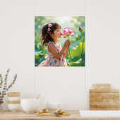 Poster Pretty Little Girl Smelling a Pink Rose (Cuisine)