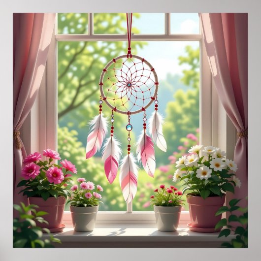 Poster Pretty Pink Dreamcatcher and Plants Window Sill (Devant)
