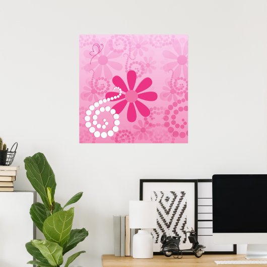 Poster Pretty Pink Flowers Cute Retro Daisy Pattern (Bureau à domicile)