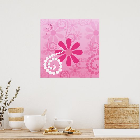 Poster Pretty Pink Flowers Cute Retro Daisy Pattern (Cuisine)