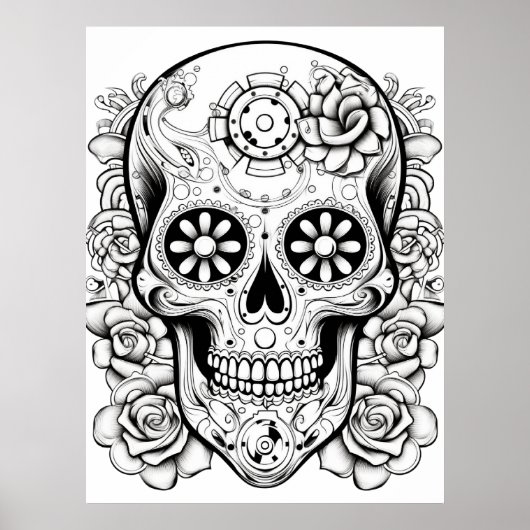 Poster Pretty Sugar Skull Image Black + White Art on Wall (Devant)