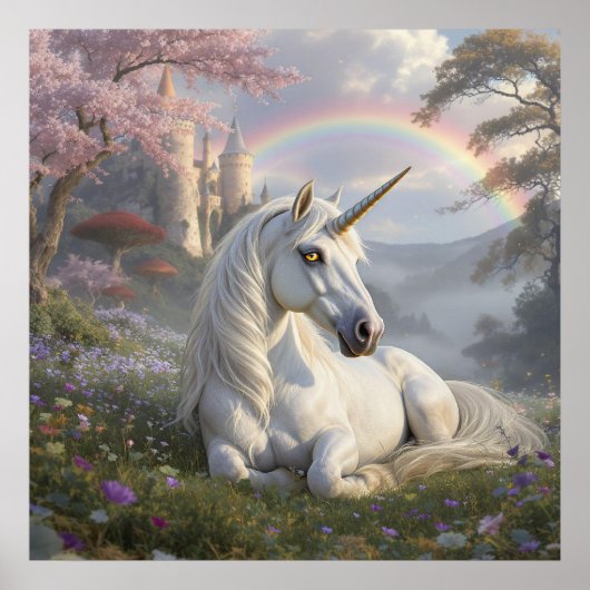 Poster Pretty Unicorn, Castle and Rainbow  (Devant)