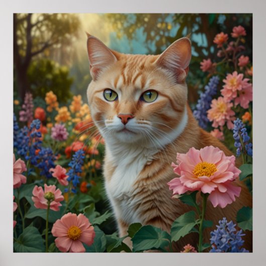 Poster Pretty white orange cat in floral garden (Devant)