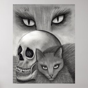 Poster PRI gothique d'art de chat d'imaginaire de crâne