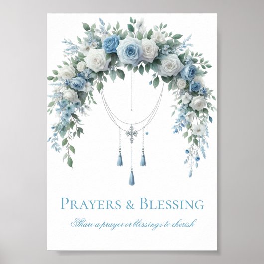 Poster Prière de baptême Rose Bleue & Croix d'Argent (Devant)
