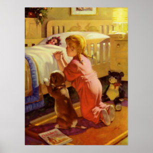Poster Prières au coucher, Fille avec chiot, Religion Vin