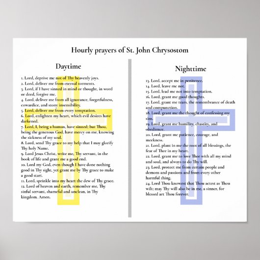 Poster Prières horaires de St. John Chrysostom (Devant)