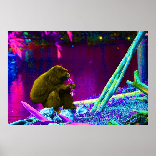 Poster Primate mangeant des légumes verts sur le bord de (Devant)