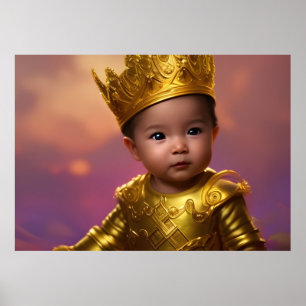 Poster Prince mignon bébé garçon or couronne bleu ethniqu