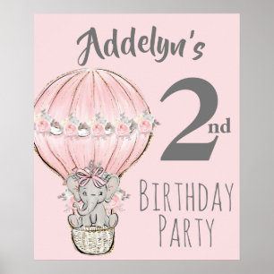 Poster Princess Elephant Balloon Pink Gray 2nd Birthday