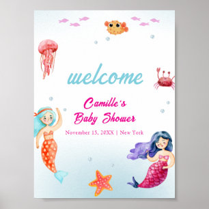 Poster Princess Mermaid Ocean Coral Baby shower Bienvenue
