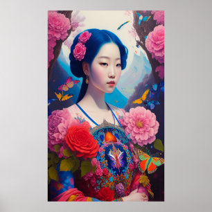 Poster princesse asiatique aux cheveux bleus