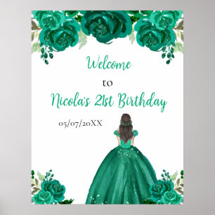 Poster Princesse aux Cheveux Bruns Bienvenue Fleur Verte