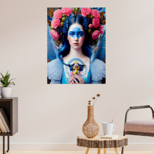 Poster Princesse avec robe en plumes bleues