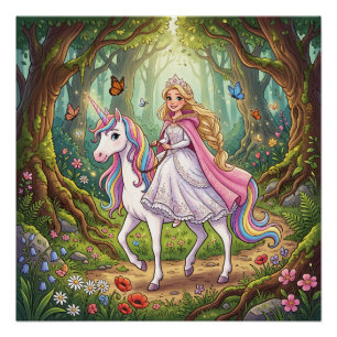 Poster Princesse de dessin animé chevauchant la licorne