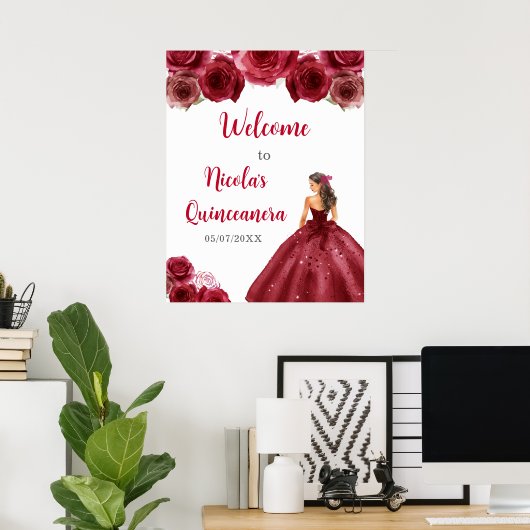 Poster Princesse en Robe Rouge Quinceanera Bienvenue (Bureau à domicile)