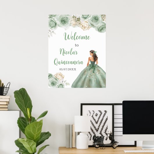 Poster Princesse en Sage Robe Verte Quinceanera Bienvenue (Bureau à domicile)