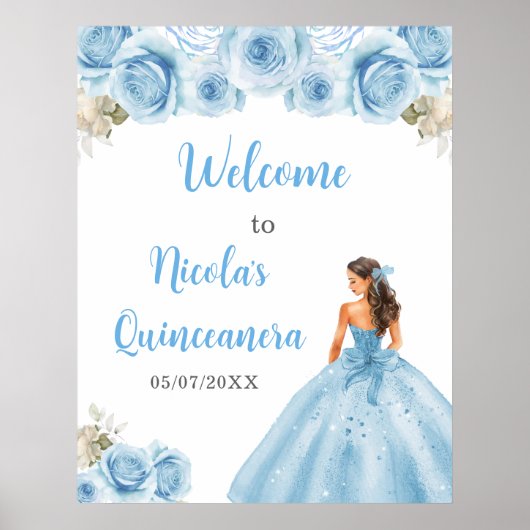 Poster Princesse Florale en Robe Bleue Quinceanera Bienve (Devant)