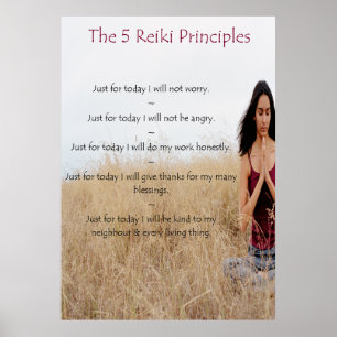 Poster Principes de Reiki avec une femme méditant