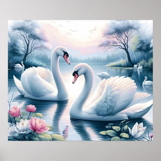 Poster Print - Zwanen in een rustige waterlelievij (Voorkant)