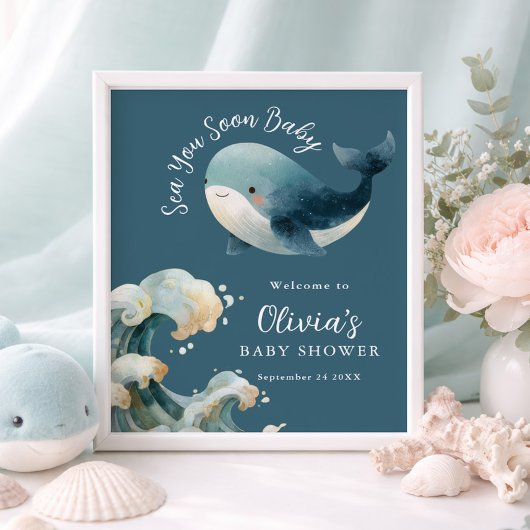 Poster Printable Sea You Soon Whale Baby Shower Turquoise