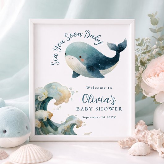 Poster Printable Sea You Soon Whale Baby Shower White