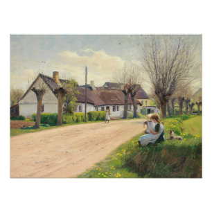 Poster Printemps dans le village avec des filles au bord
