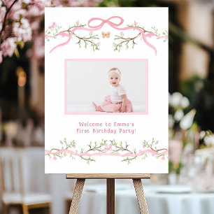 Poster Printemps rose fleurs 1er anniversaire Photo Bienv