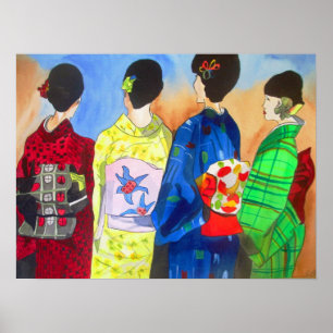 Poster Printo Kimono japonais Geisha aquarelle