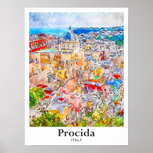 Poster Procida Italie Aquarelle Voyage Esquisse main dess (Devant)